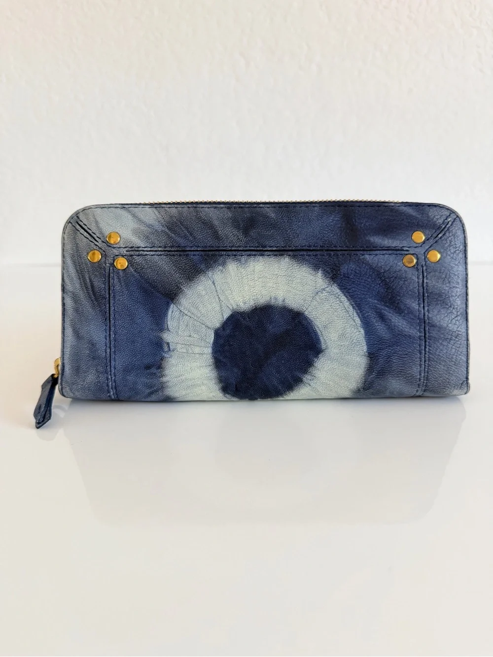 Jerome Dreyfuss Blue Tie-Dye Zip Wallet with Gold Studs